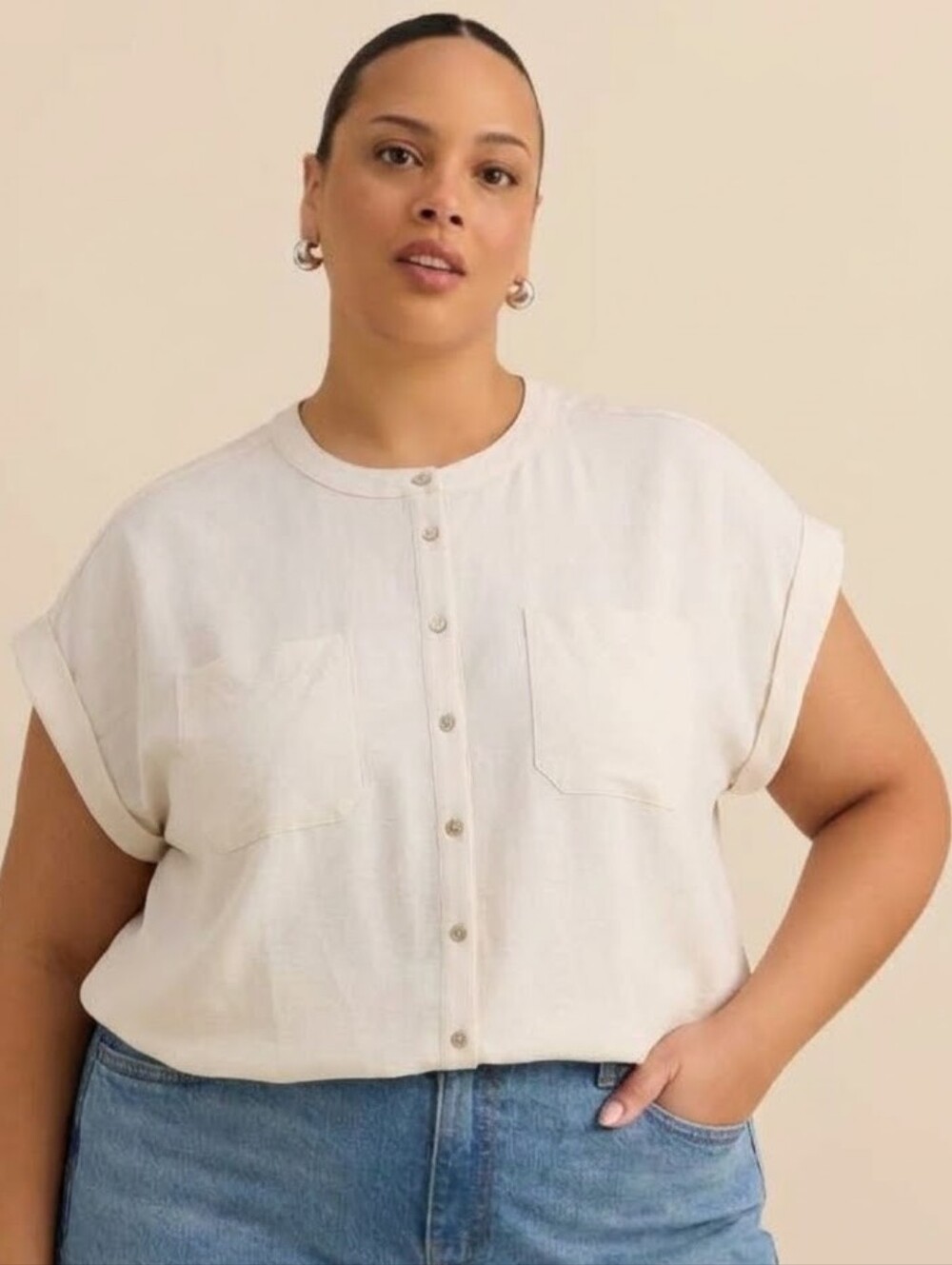 Penningtons Cream Sleeveless Button-Front Relaxed Capsule Minimalist Shirt 3X